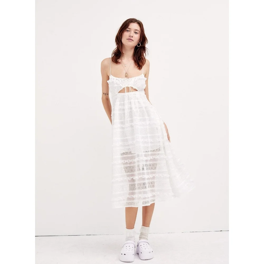 For Love and Lemons Cameron Embroidered Lace Ruffle Midi Dress - Picture 1 of 4